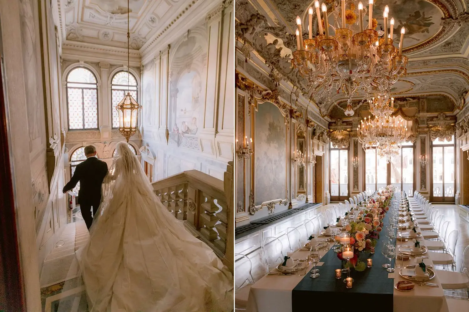 A luxurious scene at Aman Venice showcasing two wedding moments. On the left, a bride is elegantly descending grand castle-like stairs with her father, captured from the back, her flowing gown exuding sophistication. On the right, a lavish table setting in a beautifully ornate hall featuring opulent light fixtures, intricate decor, and tan tones, emphasizing the grandeur of the venue.